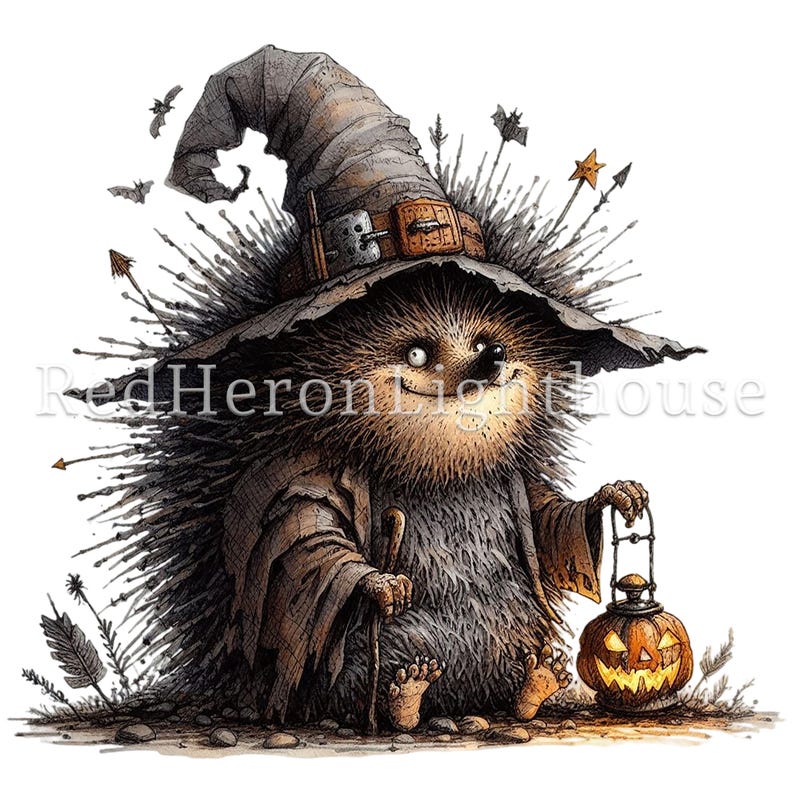 May include: A cartoon illustration of a hedgehog wearing a witch's hat and holding a jack-o'-lantern. The hedgehog is smiling and has a friendly expression. The background is white with some small details like bats and arrows.