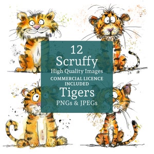 Clipart aquarelle tigre débraillé, 12 fichiers PNG/JPG, dessins drôles de tigre, art animalier original de la jungle, usage commercial téléchargement numérique | AR0702-1
