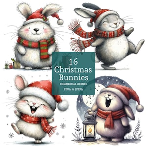 Clipart de conejito navideño, 16 PNG/JPG, conejos festivos, lindo animal de invierno, arte festivo de temporada USO COMERCIAL Descarga digital / AR0920-2