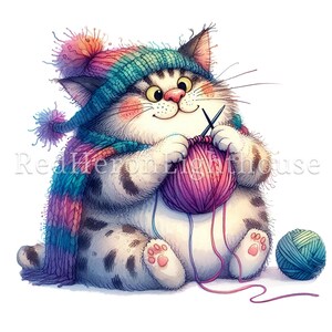 May include: A watercolour illustration of a fluffy cat knitting. The cat wears a colourful hat and scarf, and holds knitting needles and a ball of purple yarn. A second ball of blue and green yarn sits nearby. The cat has a happy expression.