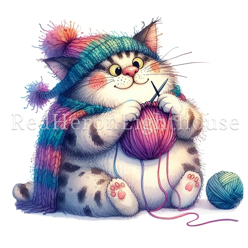 May include: A watercolour illustration of a fluffy cat knitting. The cat wears a colourful hat and scarf, and holds knitting needles and a ball of purple yarn. A second ball of blue and green yarn sits nearby. The cat has a happy expression.
