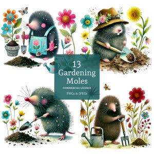 Clipart taupe de jardinage, 13 fichiers PNG/JPG de haute qualité, images d'animaux mignons, jardinage fantaisiste, fabrication de cartes, tenue d'un journal, UTILISATION COMMERCIALE | BR0212