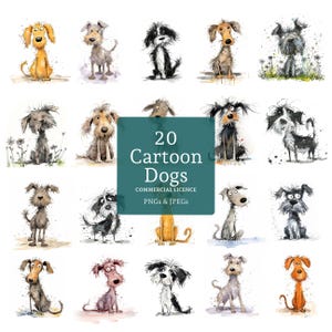 Scruffy Dog Clipart Bundle, 20 PNGS/JPGs, High Quality Designs, Watercolour Quirky Dogs, Pet Art, COMMERCIAL USE Digital Download | AR0409