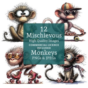 May include: A set of 12 digital illustrations of mischievous monkeys. The monkeys are depicted in various poses, including skateboarding, roller skating, and sitting. The illustrations are in a cartoon style and are drawn in a realistic manner. The text "12 Mischievous Monkeys High Quality Images COMMERCIAL LICENCE INCLUDED PNGs & JPEGs" is displayed on a green background.