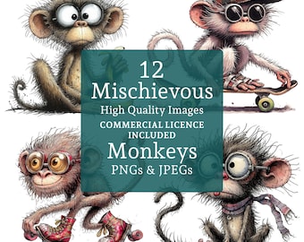 Funny Monkey Clipart, 12 PNGs/JPGs, Scruffy Chimp Designs, Quirky Jungle Animal, Fun Kids Crafting, COMMERCIAL USE Digital Download | AR0702