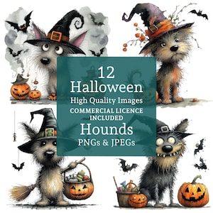 Conjunto de imágenes prediseñadas de perro bruja de Halloween, 12 PNG/JPEG, perro y calabazas peculiares, imágenes extravagantes de Halloween, USO COMERCIAL, descarga digital / AR0729-1