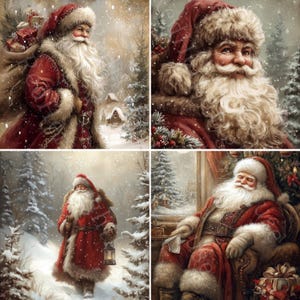 May include: Four images of Father Christmas in a snowy winter scene. He wears a red suit with white fur trim and a matching hat. He has a long white beard and carries gifts. The background features snow-covered trees and a small cabin.