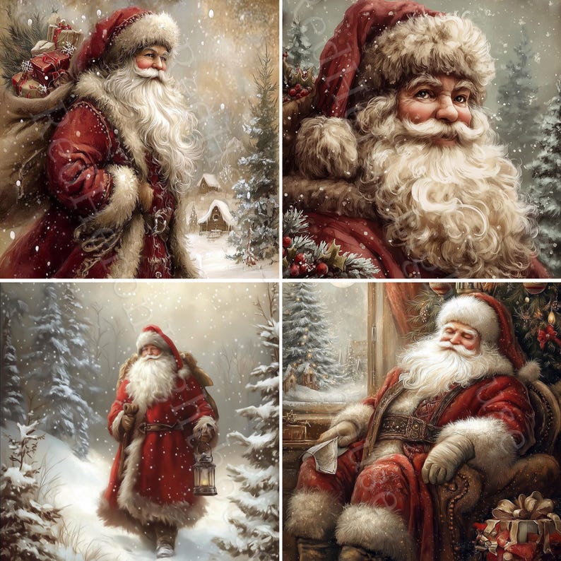May include: Four images of Father Christmas in a snowy winter scene. He wears a red suit with white fur trim and a matching hat. He has a long white beard and carries gifts. The background features snow-covered trees and a small cabin.