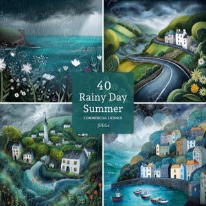 Summer Rain Clipart Bundle, Whimsical Village Landscape Printable, Watercolor Storm Sky Art, 40 JPGs, Digital Download, Commercial Use