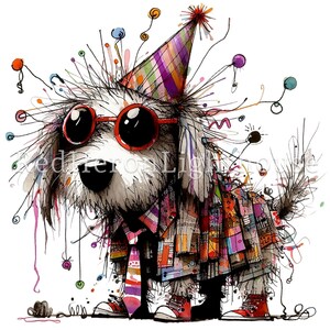 Pu&ograve; includere: Illustrazione ad acquerello di un cane con cappello da festa, occhiali da sole rossi, giacca e cravatta colorate. Il cane &egrave; circondato da linee e punti colorati, creando un'atmosfera festosa.