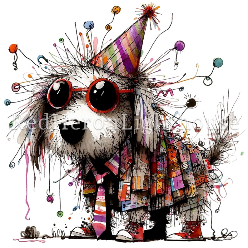 Pu&ograve; includere: Illustrazione ad acquerello di un cane con cappello da festa, occhiali da sole rossi, giacca e cravatta colorate. Il cane &egrave; circondato da linee e punti colorati, creando un'atmosfera festosa.