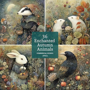 Könnte beinhalten: Digitaldruck mit vier Tafeln mit skurrilen Herbsttierillustrationen. Das Kunstwerk zeigt einen Dachs, zwei Mäuse, ein Kaninchen und eine Krähe, alle in einem üppigen, farbenfrohen Wald mit dem Text "36 Enchanted Autumn Animals".