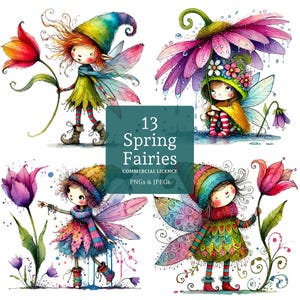 Spring Fairy clipart, 13 hoge kwaliteit pngs/jpgs, magische feeën en bloemen, grillige lente afdrukbare graphics COMMERCIEEL GEBRUIK | BR0107-2