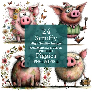 Scruffy Pig Clipart Set 24 PNGs/JPG, Imágenes Prediseñadas de cerdo divertido, diseños de animales de granja extravagantes, cerdos caprichosos USO COMERCIAL Descarga digital / AR0808