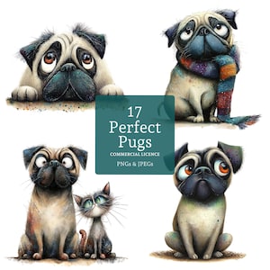 Funny Pug Clipart, 17 High Quality PNGs/JPGs, Watercolour Caricature Dog Breed Clipart, Whimsy Paper/Digital Craft, COMMERCIAL USE | BR0528