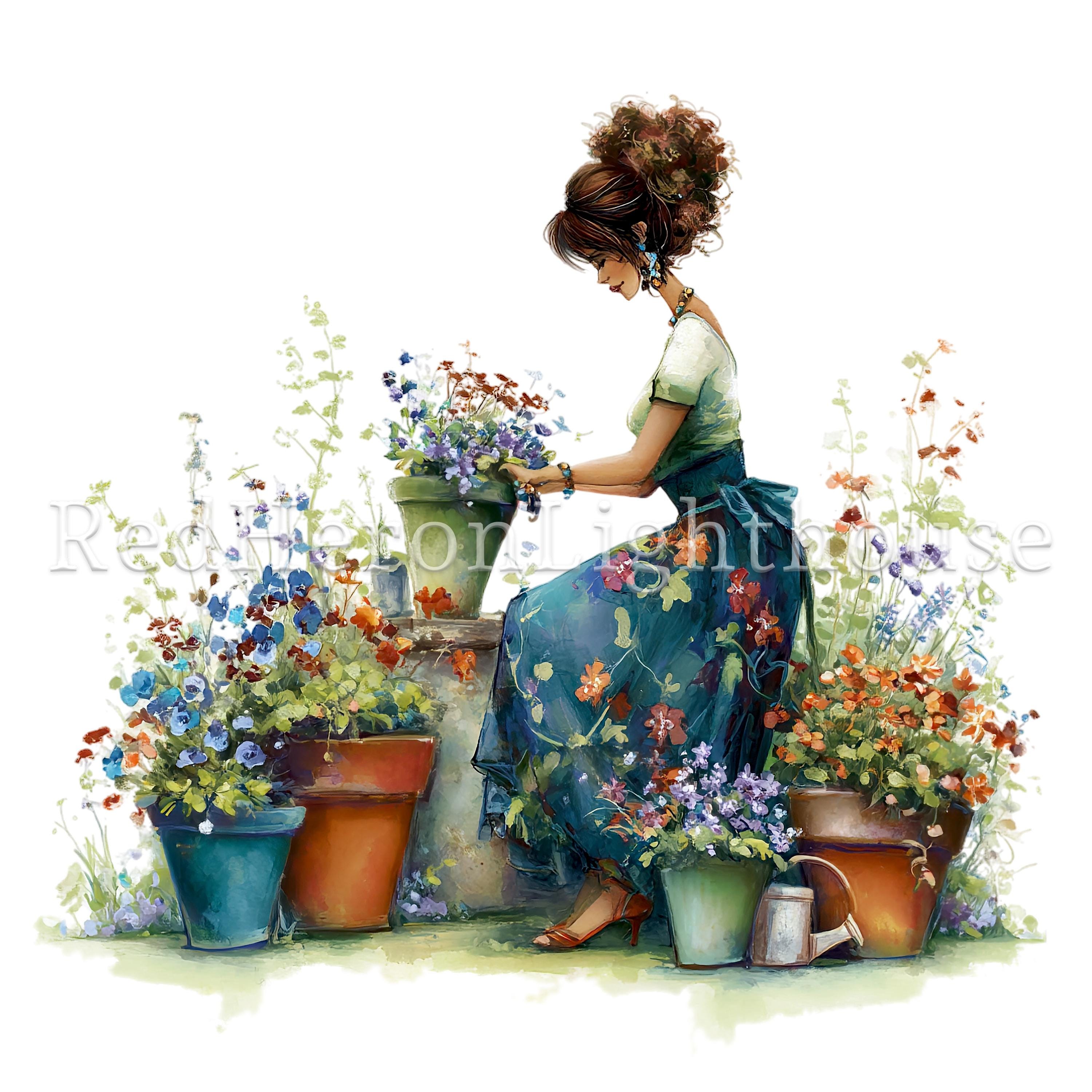 Lady Gardening Clipart, 13 High Quality Pngs/jpgs, Watercolour