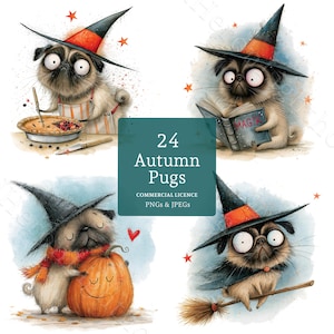 Könnte beinhalten: Ein digitales Illustrationsset mit 24 herbstlichen Möpsen, die Hexenhüte tragen. Die Möpse sind beim Backen eines Kuchens, beim Lesen eines Buches mit dem Titel MAGIK, beim Umarmen eines Kürbisses und beim Fliegen auf einem Besenstiel dargestellt.