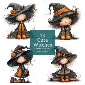 May include: A digital art image featuring four illustrations of cute witches. Each witch wears a pointed hat and a dress, with orange and black accents. The image includes the text "13 Cute Witches" and "Commercial Licence PNGs & JPEGs".