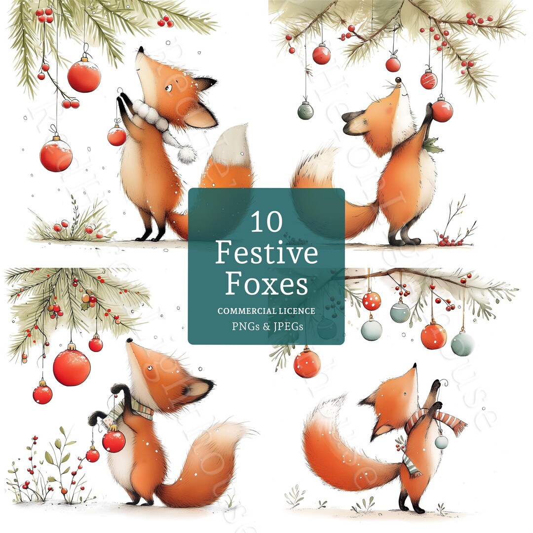 Christmas Fox Clip Art, Whimsical Animal Graphics, 10 Watercolour Pngs ...