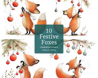 May include: Watercolor illustration featuring four cartoon foxes in a festive winter scene. The foxes are orange and white, interacting with Christmas ornaments and evergreen branches. The image includes the text "10 Festive Foxes" and "Commercial Licence PNGs & JPEGs".