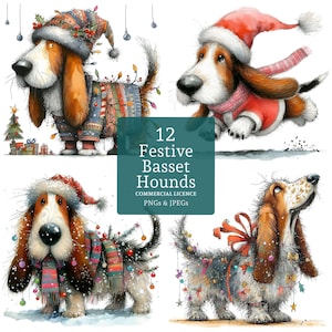 Festlicher Basset Hound Clipart 12 hochwertige PNGs / JPGs, süße Weihnachtshundebilder, schrullige Haustierkunst, lustiger Weihnachtshund, KOMMERZIELLE NUTZUNG | AR1104