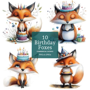 Geburtstag Fuchs Clipart, 10 hochwertige PNGs / JPGs, Süßes Tier & Geburtstagskuchen, Kartenherstellung, Journaling, Papier/Digital KOMMERZIELLE NUTZUNG | BR0410