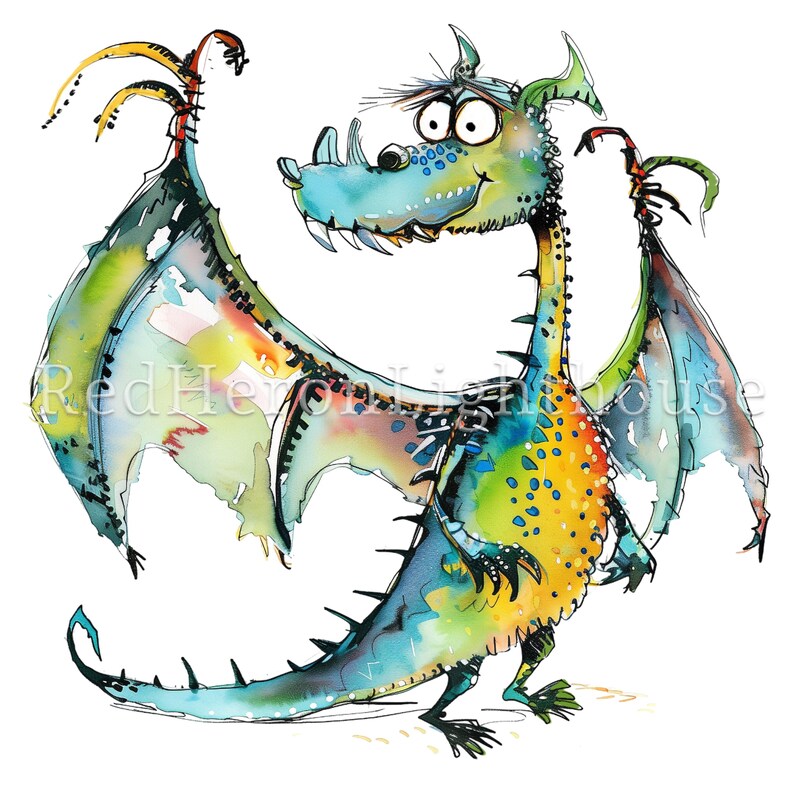 May include: A whimsical watercolor painting of a blue, green, and yellow dragon with spiky scales and large wings. The dragon has a wide, toothy grin and large, round eyes.