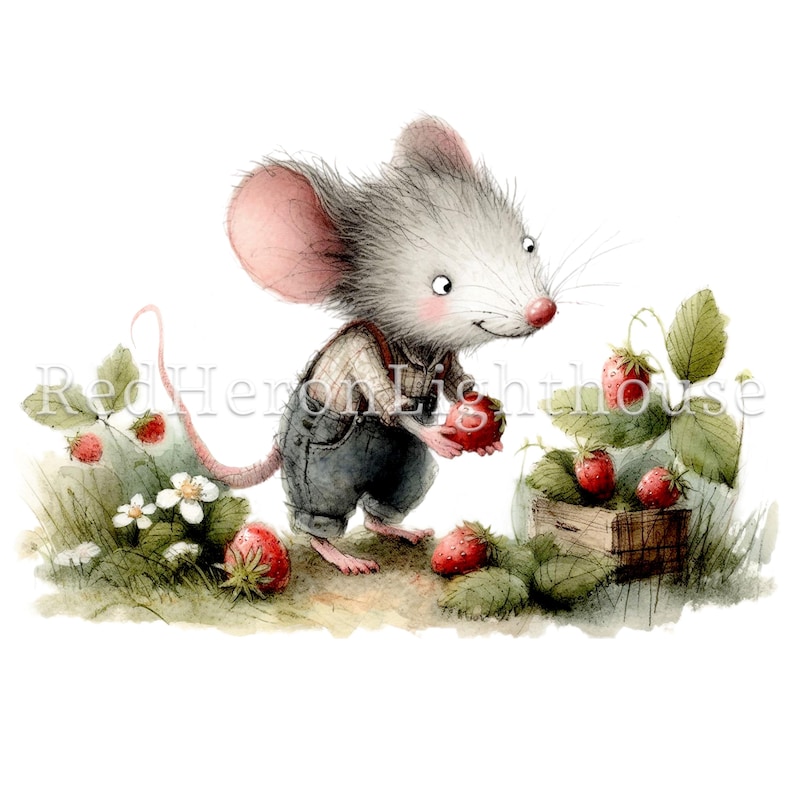May include: A cute gray mouse wearing overalls and a plaid shirt holds a red strawberry in its paws. The mouse is standing in a field of green plants with red strawberries growing on them.
