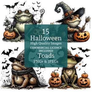 Ensemble de cliparts Halloween crapauds, 15 images PNG/JPEG, clipart grenouille sorcière lunatique, cadeaux d'Halloween rigolos, utilisation commerciale en téléchargement numérique | AR0809