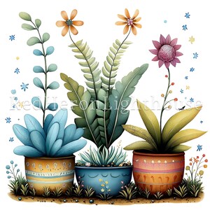 May include: Three potted plants with colorful flowers and leaves. The plants are in decorative pots with different patterns. The pots are sitting on a brown surface.