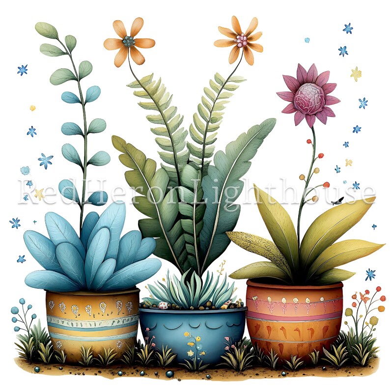 May include: Three potted plants with colorful flowers and leaves. The plants are in decorative pots with different patterns. The pots are sitting on a brown surface.