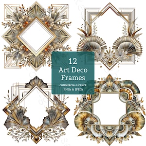 May include: An image showcasing 12 Art Deco frames in various geometric shapes. The frames feature gold, brown, and white accents with floral and fan-like designs. The text "12 Art Deco Frames" is visible in a teal square.