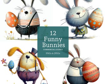 Clipart grappig konijntje en paasei, 12 hoge kwaliteit png-/jpg-bestanden, grillige lentekonijntjes, kaarten maken, journaling, COMMERCIEEL GEBRUIK | BR0317-3