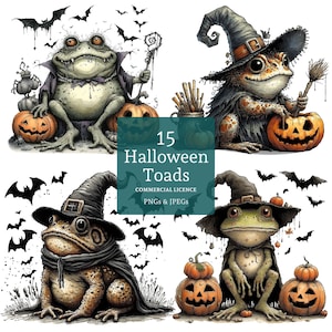 Halloween Toad Clipart, 15 Whimsical Witchy Frog PNG & JPG for Cards, Junk Journals, Sublimation | AR0809
