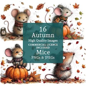 Lindo conjunto de imágenes prediseñadas de ratones de otoño, 16 PNG/JPEG, adorables diseños de ratones de otoño, animales extravagantes y extravagantes USO COMERCIAL Descarga digital / AR0725-2