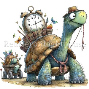 May include: A green turtle with a straw hat and a red bandana carries a clock, a basket, and other items on its back. A smaller turtle pulls a wagon behind the larger turtle.