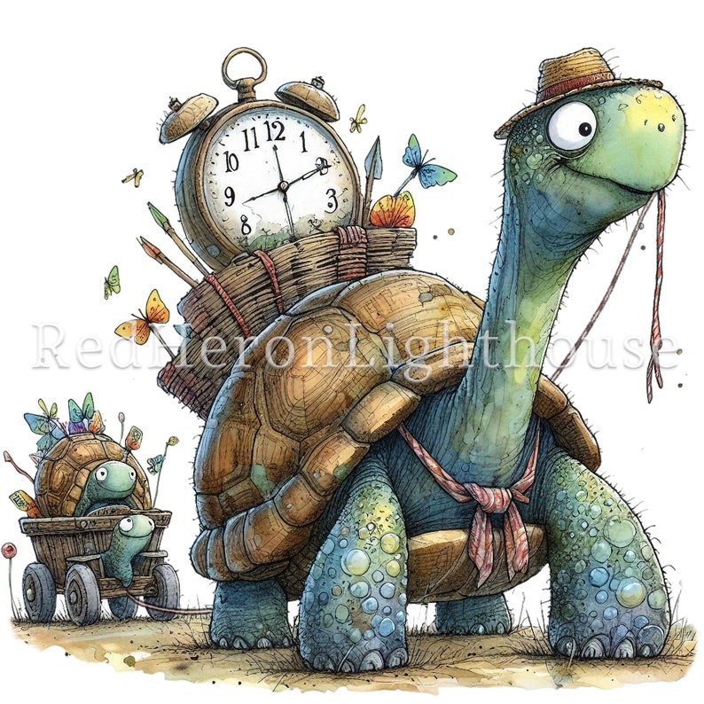 May include: A green turtle with a straw hat and a red bandana carries a clock, a basket, and other items on its back. A smaller turtle pulls a wagon behind the larger turtle.