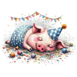 Cerdito de fiesta (imagen prediseñada), animal peculiar en acuarela, 13 imágenes PNG/JPG, arte de Feliz Año Nuevo, descarga digital, uso comercial, creación de tarjetas / BR0311 imagen 3