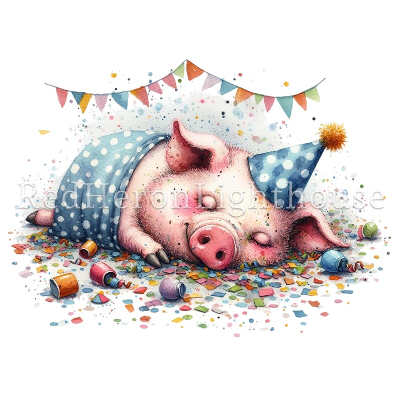 Cerdito de fiesta (imagen prediseñada), animal peculiar en acuarela, 13 imágenes PNG/JPG, arte de Feliz Año Nuevo, descarga digital, uso comercial, creación de tarjetas / BR0311 imagen 3