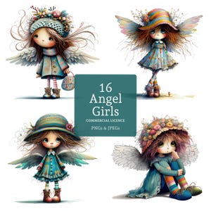 Angel Mädchen Clipart, 16 hochwertige PNGs / JPGs, Aquarell wunderliche Kind Kunst, Kartenherstellung, Journal, Papierhandwerk, KOMMERZIELLE NUTZUNG | BR0618