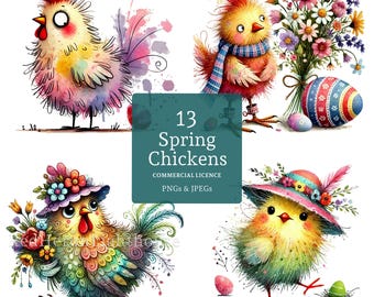 Clipart Pasen kip, 13 hoge kwaliteit png-/jpg-bestanden, grillige lente bloemen vogelafbeeldingen, kaarten maken, journaling, COMMERCIEEL GEBRUIK | BR0121-1