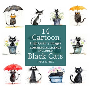 14 Cartoon schwarze Katzen Clipart Bundle, 14 PNGs / JPGs, süße Katzen, lustige Haustierkunst, schrullige Tiere, KOMMERZIELLE NUTZUNG Digitaler Download | AR0409-1