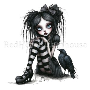 Pode incluir: Ilustra&ccedil;&atilde;o g&oacute;tica de uma jovem com pele p&aacute;lida, cabelo preto e olhos azuis, vestida com um vestido preto e meias listradas. Um corvo preto est&aacute; sentado ao lado dela. A imagem tem uma est&eacute;tica sombria e melanc&oacute;lica.