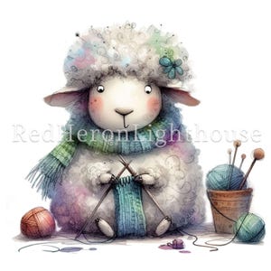 May include: A white fluffy sheep wearing a blue and green scarf is knitting with two wooden needles. The sheep has a blue flower on its head and is sitting on a white background. There are balls of yarn and knitting needles in the background.