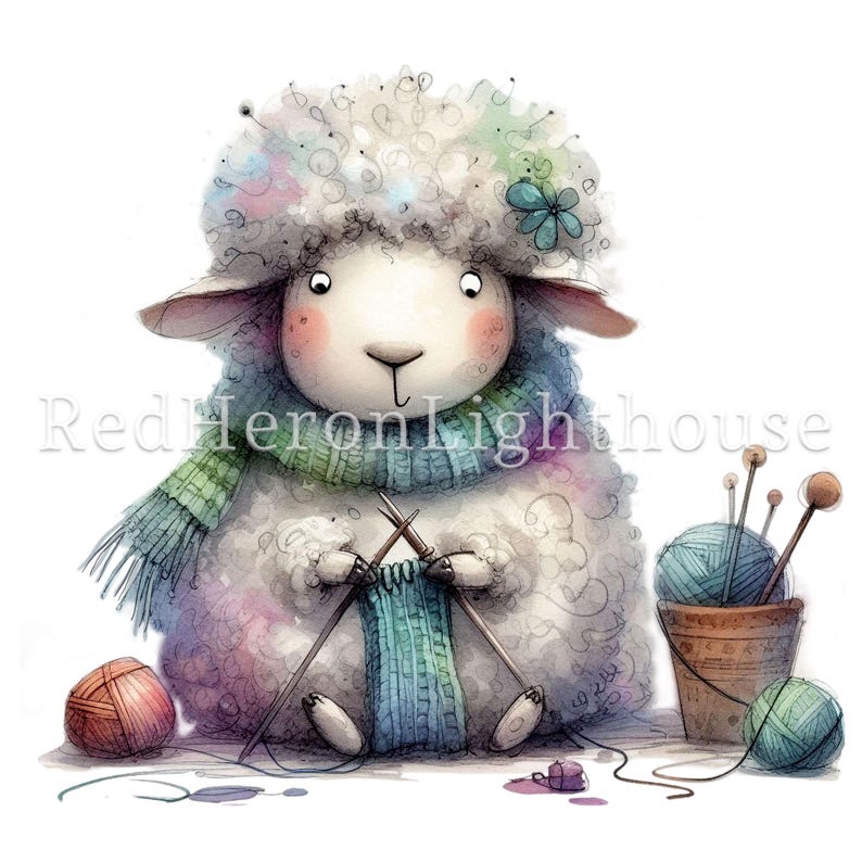 May include: A white fluffy sheep wearing a blue and green scarf is knitting with two wooden needles. The sheep has a blue flower on its head and is sitting on a white background. There are balls of yarn and knitting needles in the background.