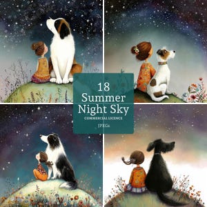 Clipart di ragazza stravagante con cane, 18 immagini JPG ad acquerello di alta qualità, creazione di biglietti, diario di spazzatura, artigianato con la carta, uso commerciale / BR0618-1