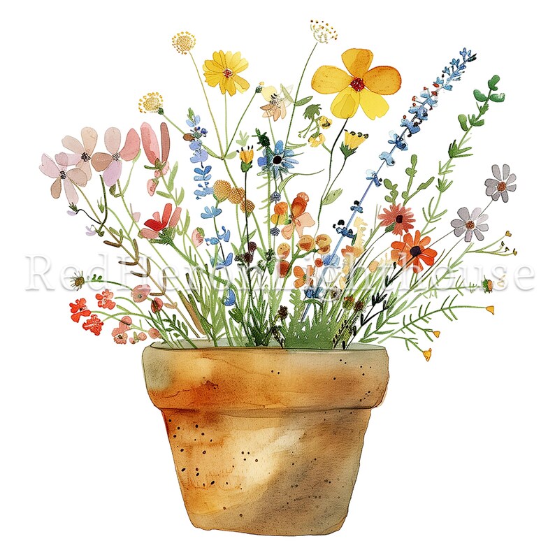 May include: A terracotta pot filled with a variety of colorful wildflowers, including pink, yellow, orange, blue, and purple blooms. The flowers are arranged in a loose, natural style, creating a cheerful and vibrant display.