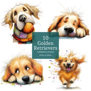 Funny Golden Retriever Clipart, 10 High Quality PNGs/JPGs, Caricature Dog Images, Card Making, Paper/Digital Craft COMMERCIAL USE | BR0415-2