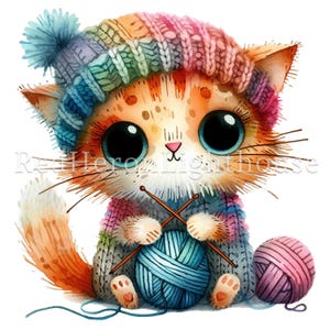 May include: A watercolour illustration of a ginger cat wearing a colourful knitted hat and sweater. The cat has large blue eyes and is holding knitting needles and a ball of blue yarn. A pink ball of yarn sits nearby.