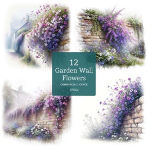 Bloementuin muur clipart 12 hoge kwaliteit jpg's, aquarel stenen muur en pastelbloemen, kaarten maken, journaling, COMMERCIEEL GEBRUIK | BR0214-1